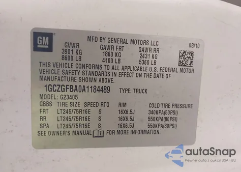 2010 Chevrolet Express 2500 Work Van z USA, uszkodzony, nr VIN 1GCZGFBA0A1184489
